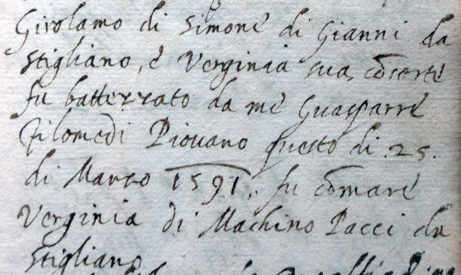 Archivio Arcivescovile di Siena, battesimi di Rosia n. 2060: atto del 25 marzo 1591 con fu comare Verginia di Machino Tacci da Stigliano